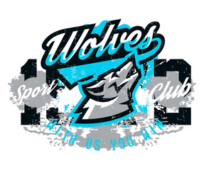 Design for printing on T-shirts, a wolf howling at the moon. Wild animal, predator, talisman, sports identity, logo. Vector illustration, grunge effect
