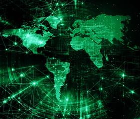 World map on a technological background, glowing lines symbols of the Internet, radio, television, mobile and satellite communications.