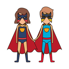 colorful silhouette with faceless couple of superheroes united of the hands and her with short hair and closed eyes