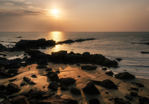 Majorca Santa Ponsa coastline at sunset in Morro d'en Pere Joan bay in Mallorca, Balearic islands of Spain. Es Malgrat rocks.