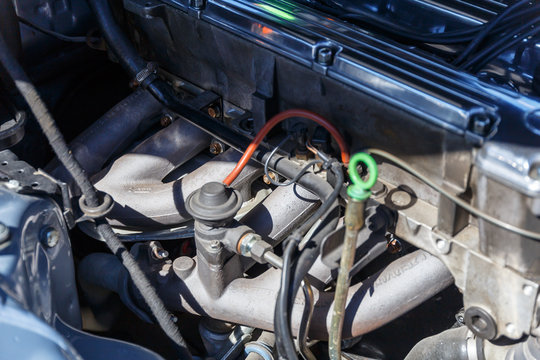 Under the hood of a retro or classic old car