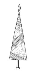 Christmas tree with decorative patterns. Black and white illustration for coloring book, pages