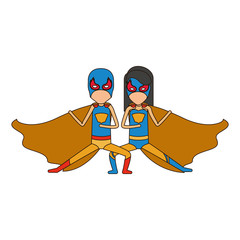 colorful silhouette with faceless duo of superheroes in defensive pose and her with straight long hair and closed eyes vector illustration - obrazy, fototapety, plakaty