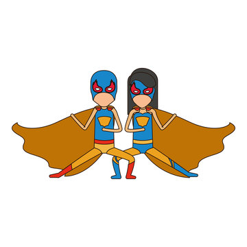 colorful silhouette with faceless duo of superheroes in defensive pose and her with straight long hair and closed eyes vector illustration