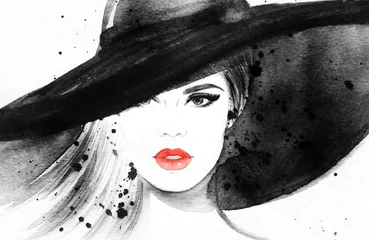 Poster de jardin Visage aquarelle Belle femme au chapeau. Illustration de mode. Peinture à l& 39 aquarelle