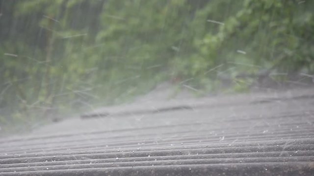 summer rain with hail falls on the roof of slate