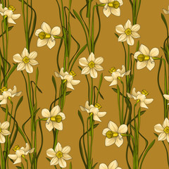 Elegance Seamless pattern with flowers daffodils, vector floral illustration in vintage style