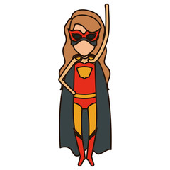 colorful silhouette with superhero faceless girl with long hair flying with arm up and closed eyes vector illustration