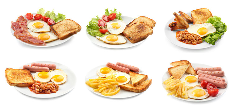 Ideas of breakfast with eggs. Different dishes on white background