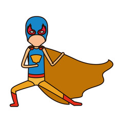 colorful silhouette with faceless kid superhero in defensive pose with closed eyes vector illustration