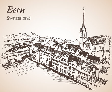 Bern city view sketch. Switzerland.