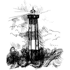 Lighthouse hand draw illustration. Old paper background with lighthouse sketch. Vintage style of lighthouse picture.