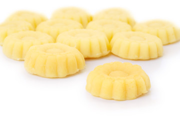 Front single mung bean pudding flower mold on white floor.