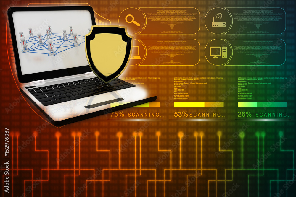 Poster laptop with shield. isolated 3d rendering image