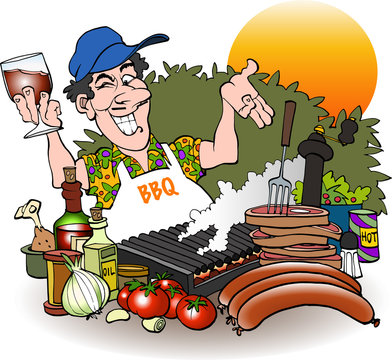 Barbeque grill master inviting cartoon drawing