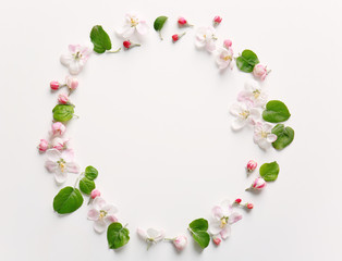 Circle made with blooming flowers on white background