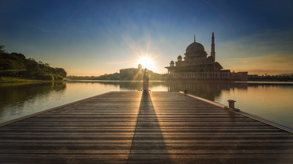 beautiful scenery of sunrise at Putra Mosque, Putrajaya, Malaysia