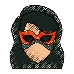 colored pencil silhouette of faceless girl superhero with long wavy hair with fringe and mask and thick contour vector illustration