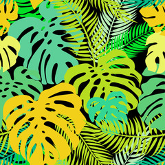 Fototapeta na wymiar Seamless vector pattern of greenery leaves monstera and palm. Exotic tropical repeat ornament