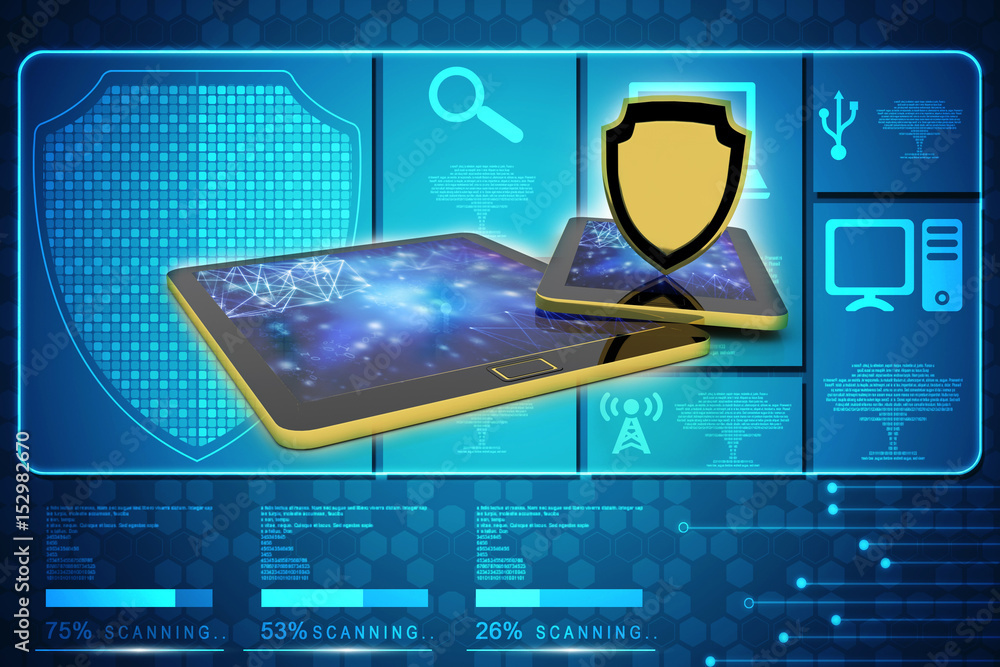 Poster 3d rendering tablet with shield