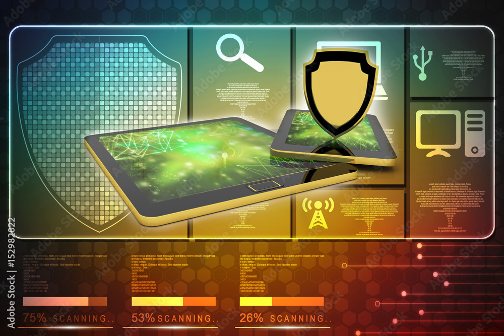 Poster 3d rendering tablet with shield