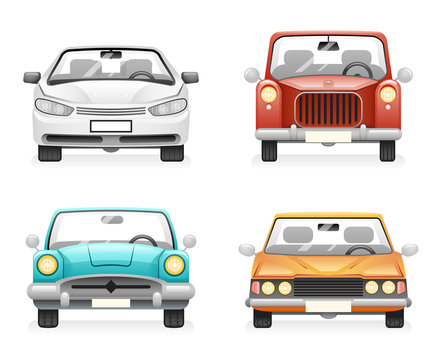 Front View Retro Modern Car Icons Set Isolated Design Transport Clipart Symbols Vector Illustration
