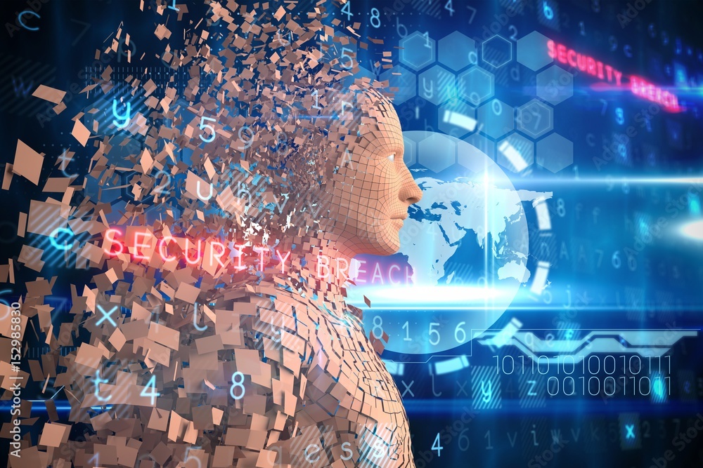 Poster composite image of profile view of brown pixelated 3d man