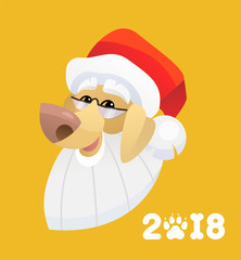 Vector funny cartoon dog portrait in Santa Claus hat and glasses labrador breed in yellow background letter 2018 calendar page template or greeting card