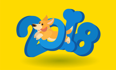 Vector funny cartoon character dog jumping trough 2018 numbers new year greeting card or front page calendar template pembroke welsh corgi breed