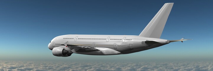 modern passenger airplane in flight above the clouds