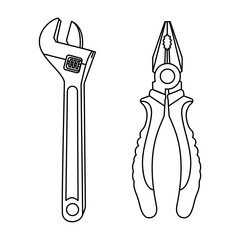 Vector simple style line art tools wrench and pliers isolated on white background