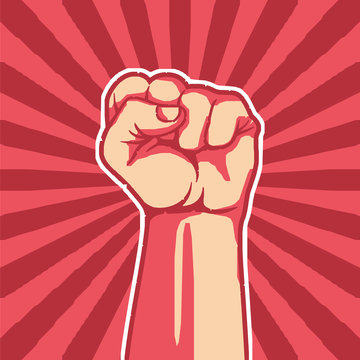 A clenched fist held high in protest, retro style