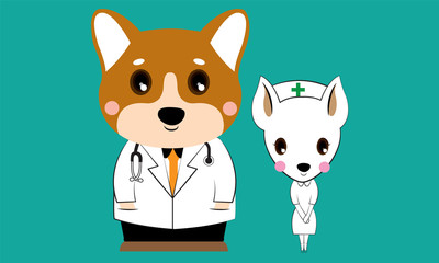 Dog character doctor and nurse concept