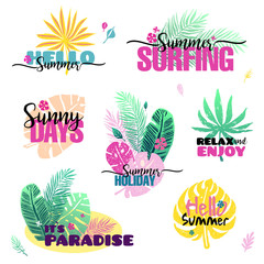 Summer set with palm trees labels, logos, tags and elements, for summer holiday, travel, beach vacation . Vector illustration.