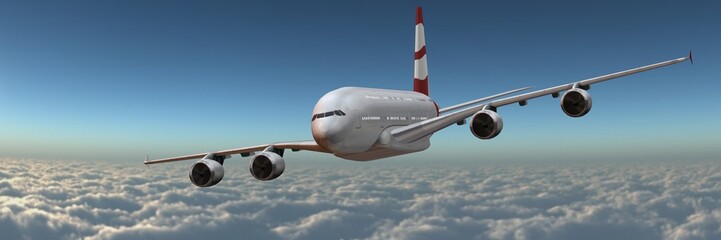 modern passenger airplane in flight above the clouds