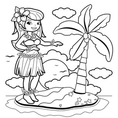 Hawaiian hula dancer woman dancing on an island. Vector black and white coloring page.