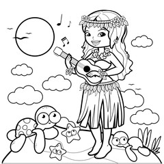 Hawaiian hula dancer playing her guitar on an island. Vector black and white coloring page.