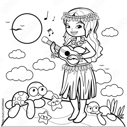 "Hawaiian hula dancer girl playing her guitar on an island." Stock