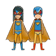 colored pencil silhouette with faceless duo of superheroes united of the hands and her with straight long hair vector illustration