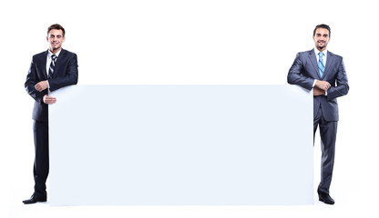 two business man showing blank signboard, isolated over white background