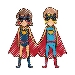 colored pencil silhouette with faceless couple of superheroes united of the hands and her with short hair vector illustration