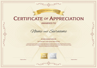 Certificate of appreciation template with award ribbon on abstract flower guilloche background with vintage border style