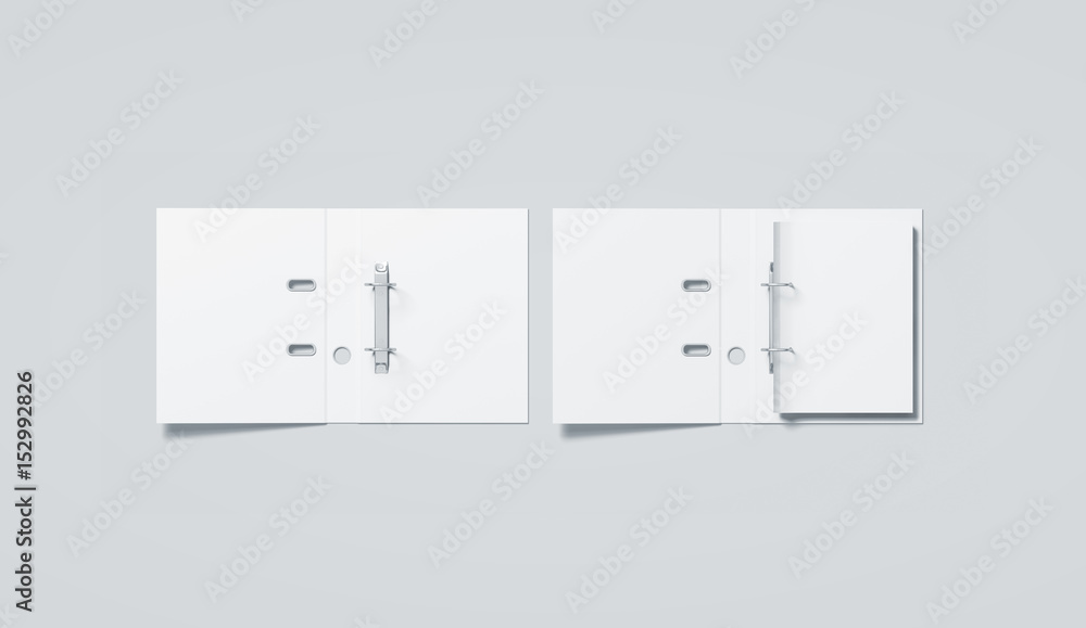 Poster blank white ring binder folder mock up top view, 3d rendering. self-binder mockup with stack of a4 p