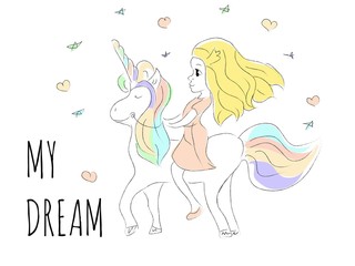 Cute cartoon drawing of a happy girl riding a unicorn