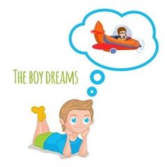 Boy dream about plane. airplane inside think cloud. Vector illustration.