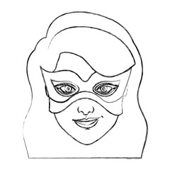 monochrome blurred contour of girl superhero with long wavy hair with fringe and mask vector illustration