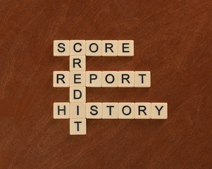 Crossword puzzle with words Credit, History, Report, Score. Credit concept