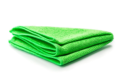 a green microfiber cleaning towel, over white background