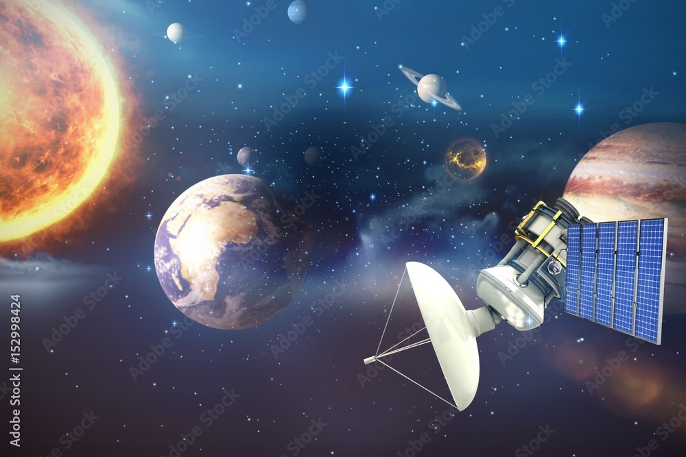 Poster composite image of vector image of 3d solar powered satellite