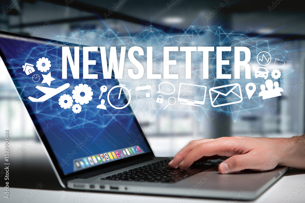 Poster concept of man holding futuristic interface with newsletter title and multimedia icons flying all ar